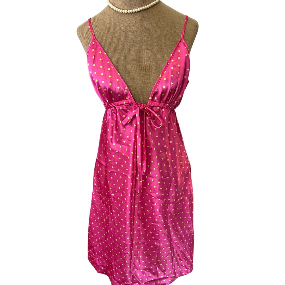 Chanteuse Womens hot pink polka dot satin mini baby doll nighty sz small lolita